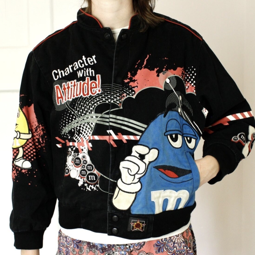 M&M's* Jeff Hamilton racing jacket primary colored MM's on black canvas/denim 3T